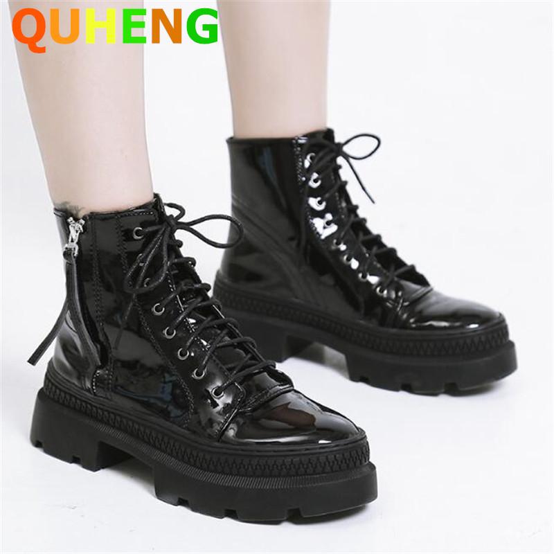 

Hot Sales Fashion Patent Leather Women Boots 2021 Autumn New Casual Wild Round Head Platform Side Zip Female Short Boots, Black