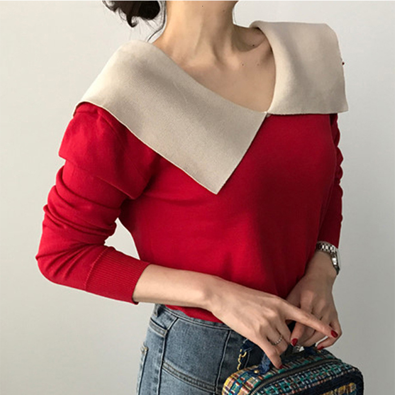 

2021 New Autumn Women Pullovers Sweater Collared Minimalist Elegant Knitting Ladies Tops Sw8608 A9NC, Red