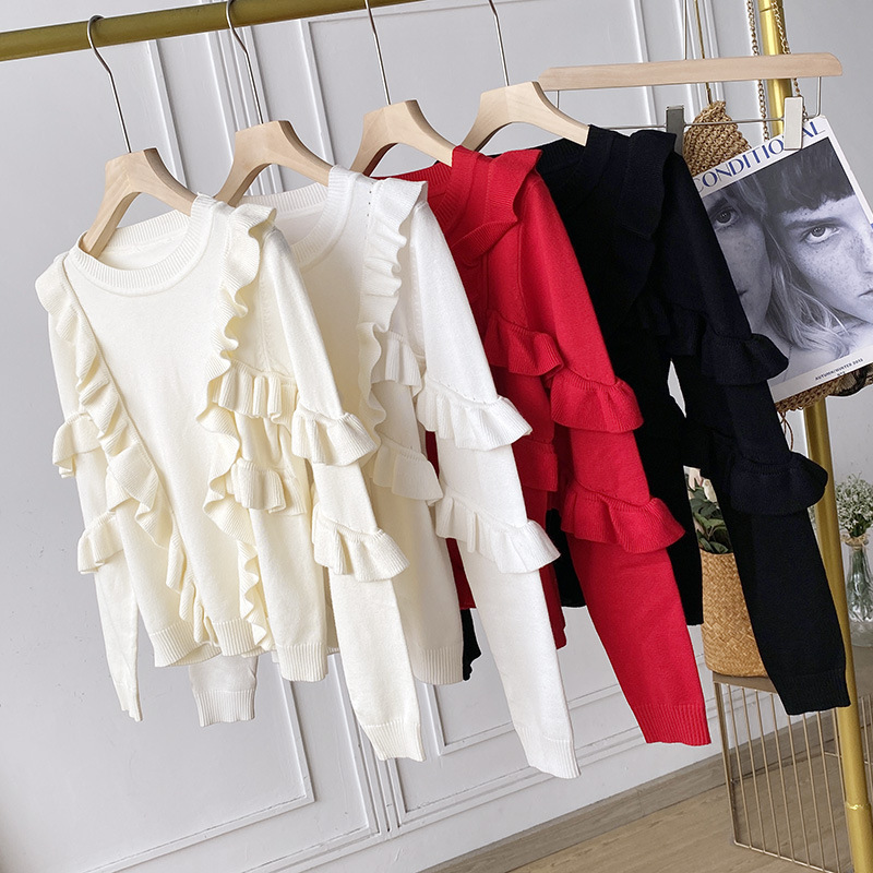 

New Personality Fashion Design Sense Loose Round Neck Solid Color Blouse Ruffled Stitching Pullover Sweater Women, White;black