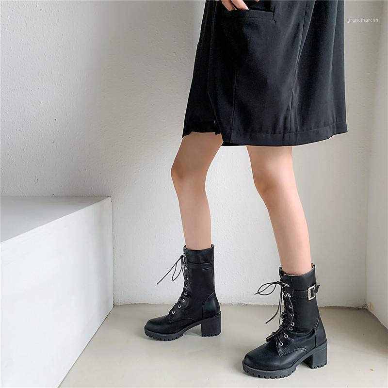 

YMECHIC Lace Up Womens Boots Buckle Designer Block High Heel Green Black Brown Ladies Motorcycle Biker Boots Autumn Gothic Shoes1