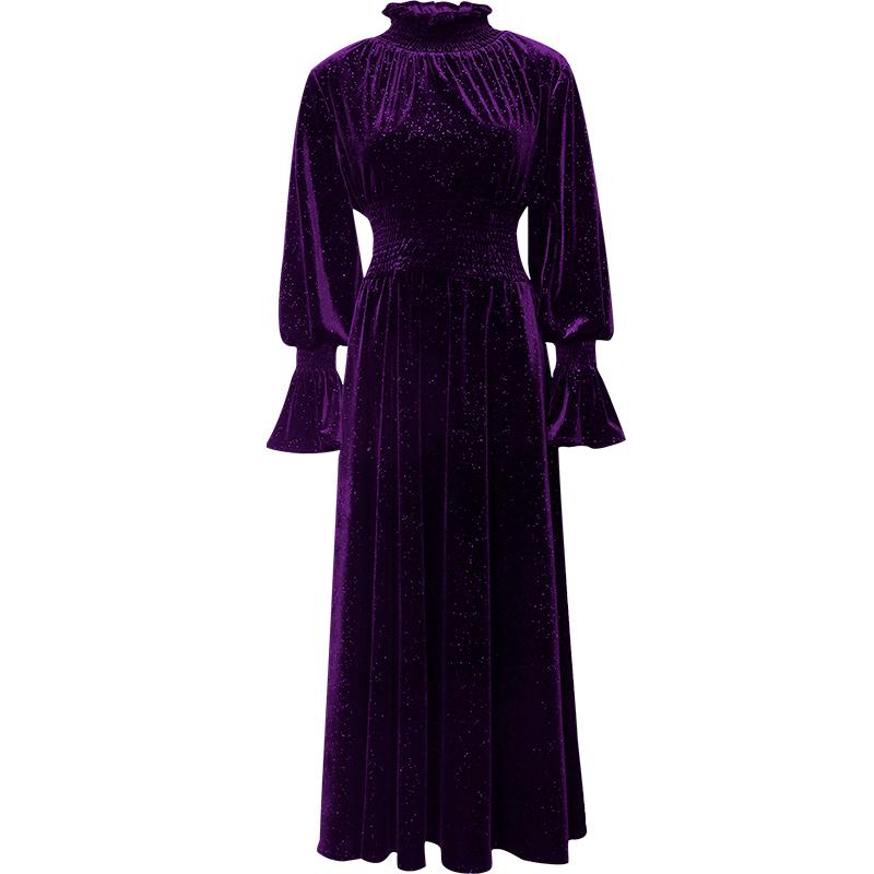 

Newest Fashion Fall Winter turtleneck velvet Dress Women Lantern Sleeve a-line party Dress plus size 2XL, Purple