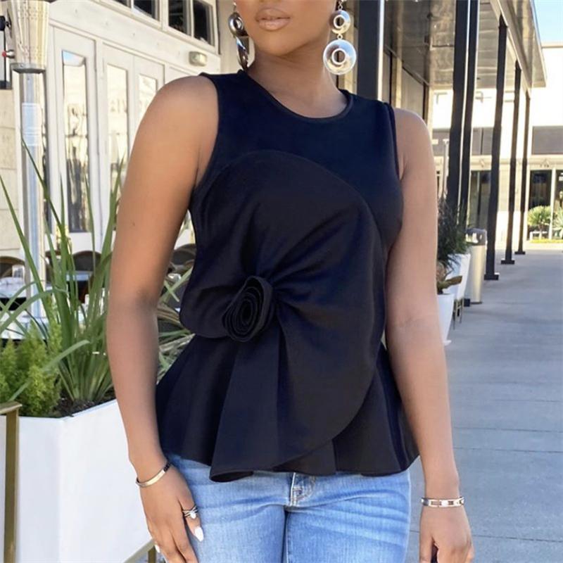 

Women Black Blouse and Tops Big Flower O Neck Sleeveless Women Peplum Tops Shirt Ladies Fashion Summer Female Blusas Mujer