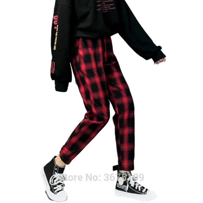 

harajuku red plaid hippie cargo women fashion vintage casual pants elastic waist woman trouses plus size 201102, Black