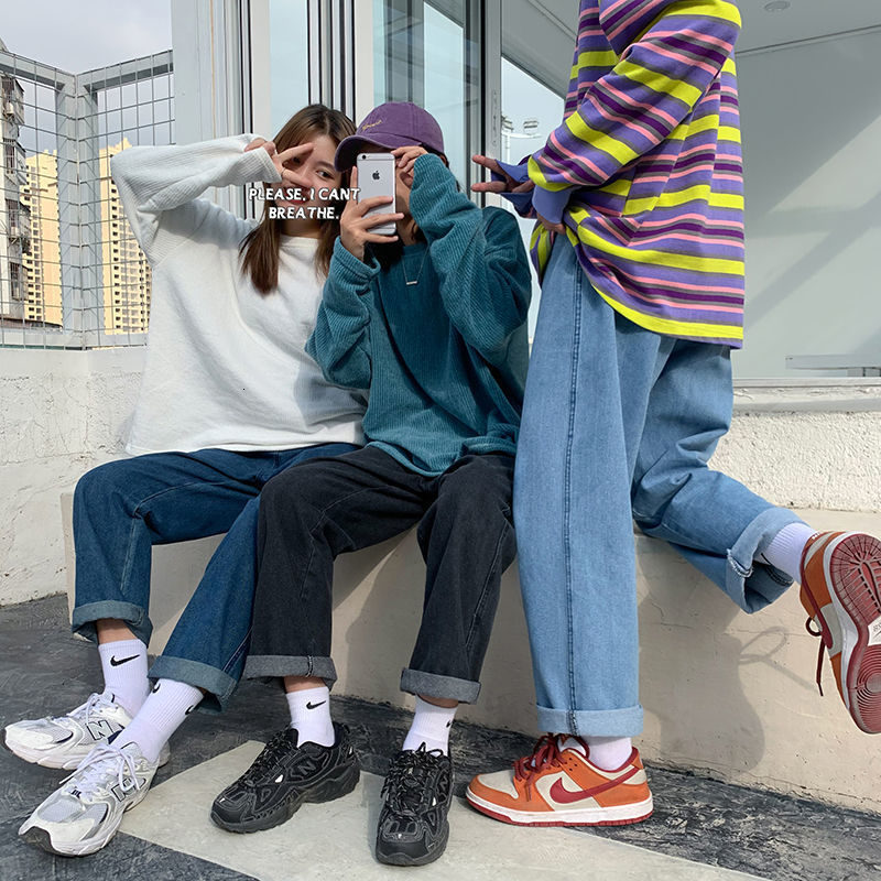 

New Men' Casual Oversize 2021 Unisex Loose Straight Denim Pants Korean Streetwear Man Solid Color Jeans Hip Hop A7pa, Huaijiublue