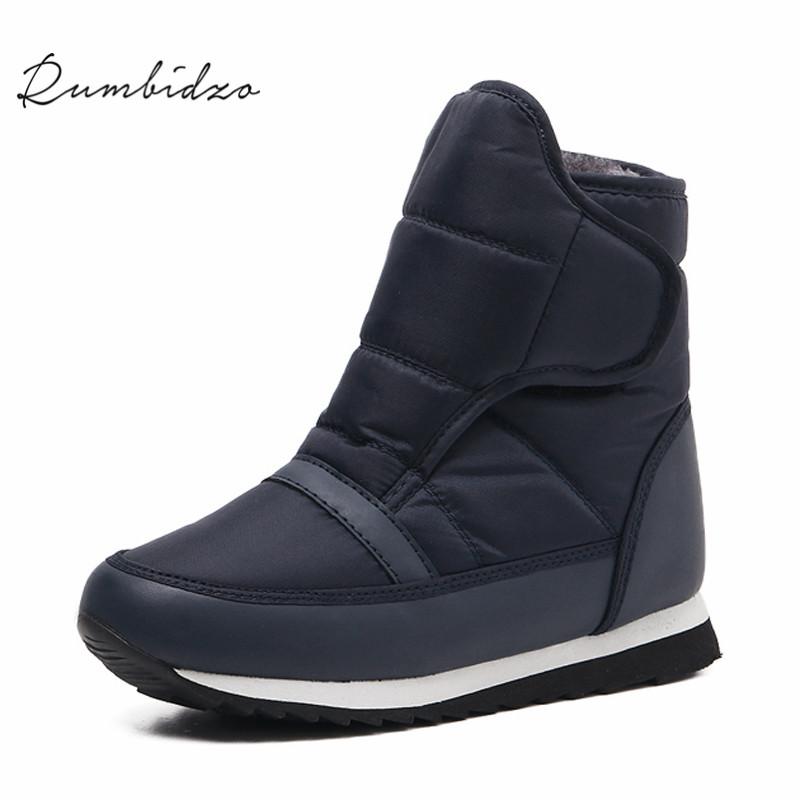 

Rumbidzo 2020 Hot Women Boots Round Toe Flat Heel Woman Winter Boots Snow Short Plush Warm Hook Loop Bootie Sapatos, Black