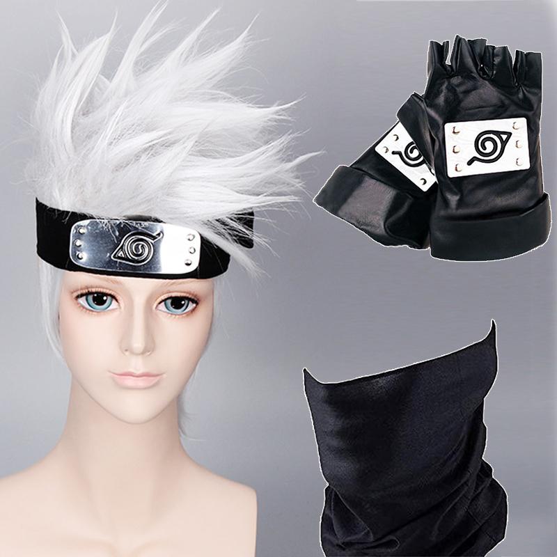 

Anime Naruto Hatake Kakashi Mask Wig Cosplay Costume Accessories Headband Bag Glove