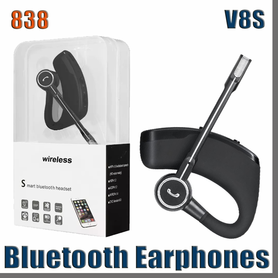 

838D high quality V8 V8S Wireless Bluetooth Headphones Business Stereo Wireless Earphones Earbuds Headset With Mic with package, With opp bag