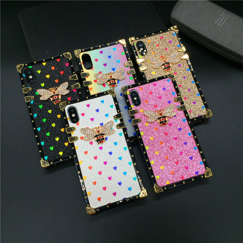 

Luxury Square Case for iPhone 12 PRO X XS Max XR Fashion Heart Glitter Bee Cover Phone Cases for iphone 11 PRO MAX 7 8 Plus 6 6S, White