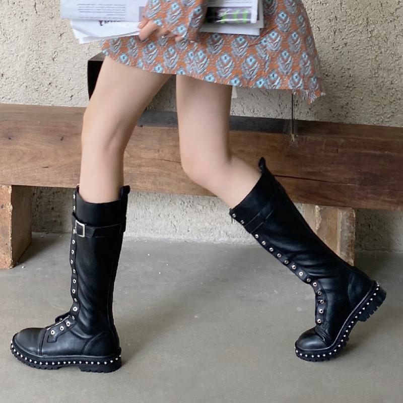 

brand new rivets front zipper skidproof sole cosy for walk motorcycles mid-calf boot hot sale leisure cool boots shoes women, Black
