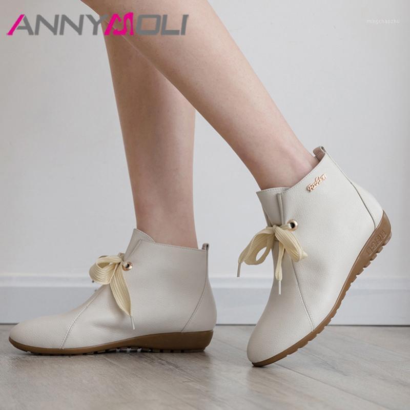 

ANNYMOLI Real Leather Ankle Boots Flat Woman Boots Lace Up Short Metal Decoration Female Shoes Autumn Winter Beige Size 441, Black synthetic lin