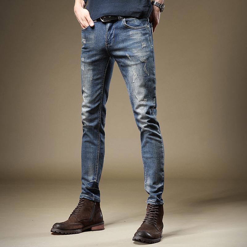 

Classic Men's Jeans Blue Straight Slim Fit Pants Korean Style Cotton Denim Trousers