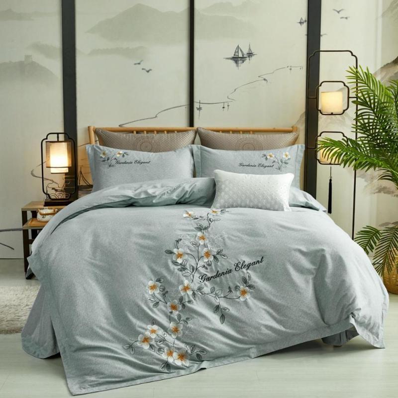

Brief Style Pure Cotton 4pcs Duvet Cover Bed Sheet Pillowcases Solid Blue Grey Flowers Pink Green Light Brown Queen King Home