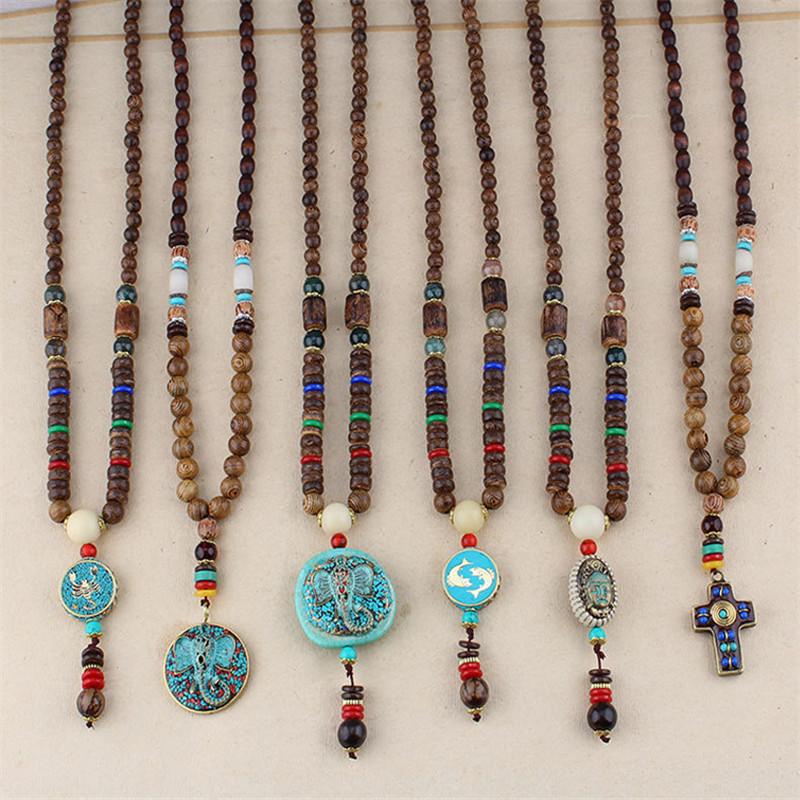 

Handmade Ethnic Necklace Bohemian Nepal Mala Buddhist Wood Beads Tibetan Fish Pendant Long Statement Necklaces Women Men