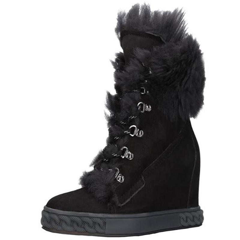 

Fur Black Girls Suede 8cm Height Increasing Winter Warming Round Toe Lace Up Front Wedge Short Fashion Ankle Punk Boots Woman, As picture