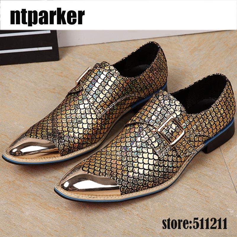 

2020 New Mens Golden Dress Leather Shoes Pointed Toe Snake Pattern Buckle Mens Leather Shoes for Party and Wedding, Plus Size, Gold