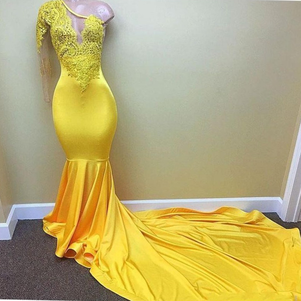 

2021 New Yellow a Shoulder Sleeves Mermaid Prom Sexy Black African Girls with Frizzy Lace Dress Party GZLM