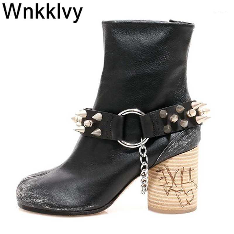

Spike Metal rivets chunky high heel ankle boots women Silver spray paint split toe shoes belt buckled chain decor short boots1, Black