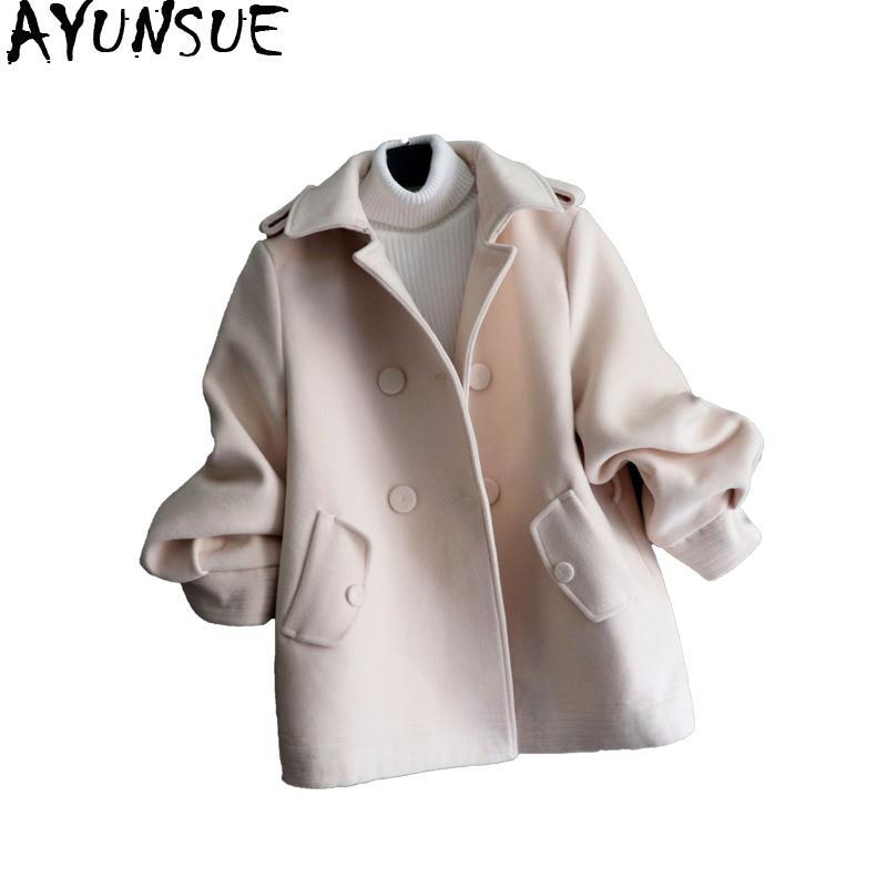 

AYUNSUE Wool Coat Female Loose Fashion Short Woolen Coats And Jackets Women Korean Overcoat Casaco Feminino Inverno 2020 KJ222, Creamy-white