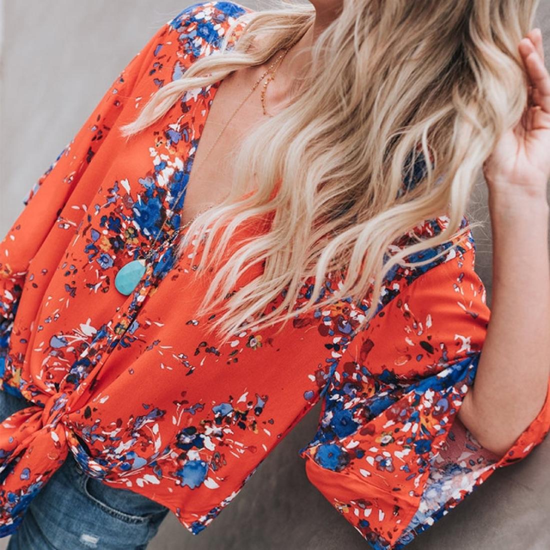 

V-neck Chiffon Blouse Casual Shirts Loose Tops Floral Clothes SizeXL
