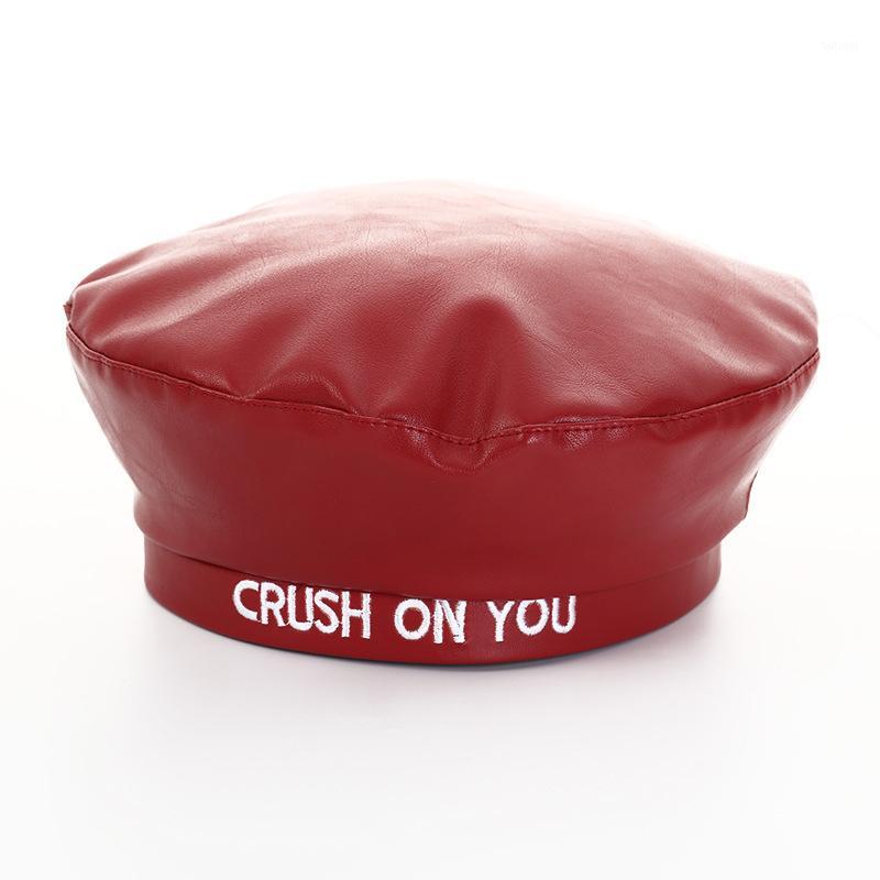 

Women's Faux Leather Berets CRUSH ON YOU Letters Printing Fashion Autumn Winter Solid Color PU Leather Winter Cap Female TG02891, Black