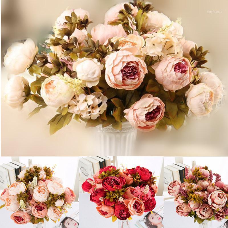 

1 Bouquet 13 heads artificial peony silk flower Artificial Flowers Fall Vivid Peony Fake Leaf Wedding Home Party Xmas Decoration1, Type2 21 rose red
