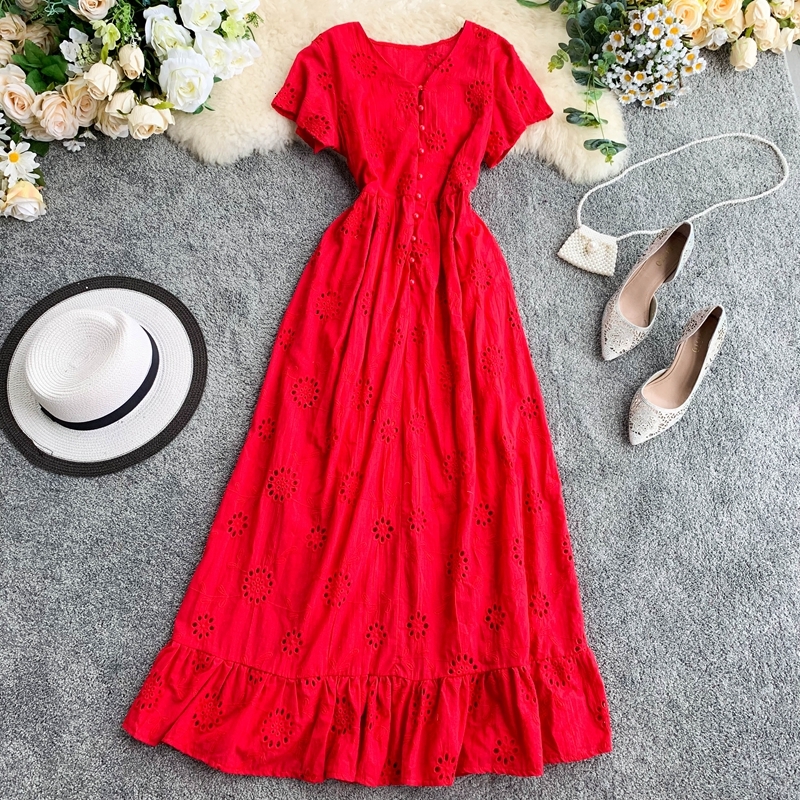 

to the Line Dressed As Female Summer 2021 Retro Neck Long Dresses Hollow Out Waist High Button Dress Ks0z, Pink.