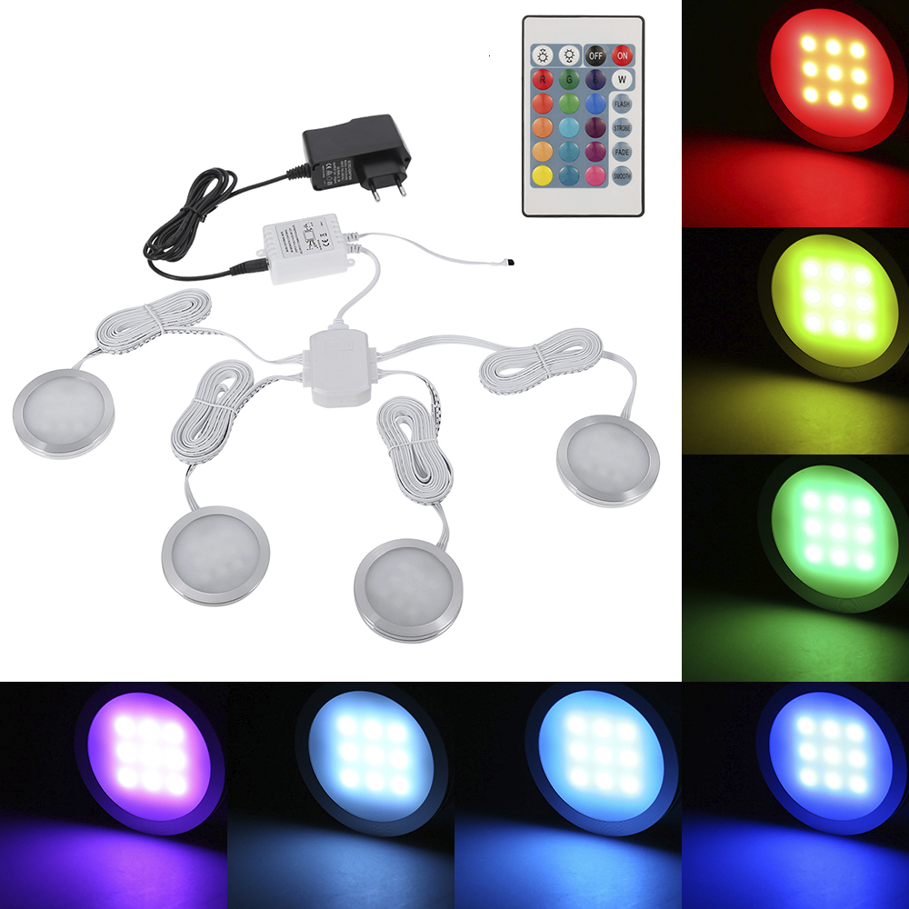 

2021 New 8pcs Slim Round Shape Rgb Leds under Cabinet Light Kit Smd5050 Puck Color Dimmable with Remote Control for Kitchen Closet I1en
