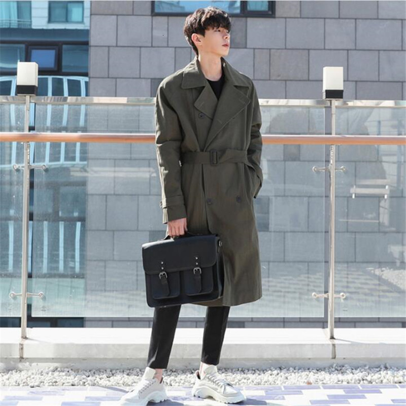 

2021 New Bands Double-breasted Men Thin Men' Blouse Spring Loose Autumn Trench Coat Homme A587 1LUP, Army green trench.