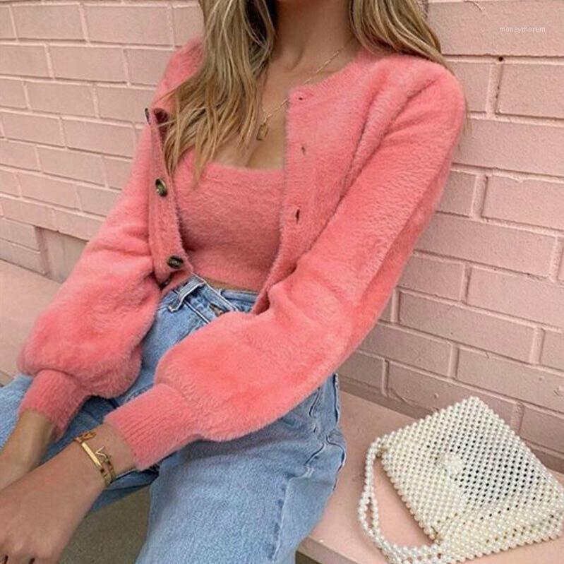 

2 Pcs Casual Womens Long Sleeve Knitted Fluffy Cardigan Sweater Suit Female Pink Slim Button Crop Sweater Tops1, Green