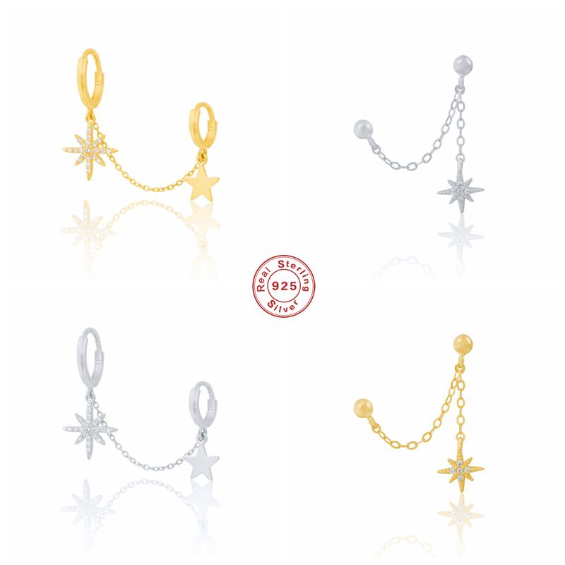 

BOAKO 925 Sterling Silver Two Circle Hoop Earrings For Women Zircon Star Pendant Chain Tassel Double Huggie Earring Party Jewel