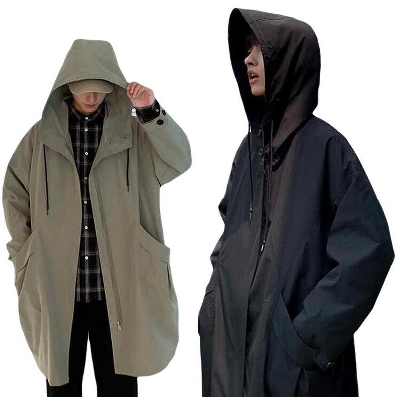

Autumn Men' Long Windbreaker Bomber Jacket Trench Coat British Trench Overcoat Cotton Loose Outerwear Casacos, Black