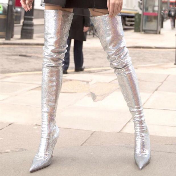 

Luxury Bling Bling Glitter Thigh High Boots For Women Pointed Toe Slip-on Paillette Decor Sock Boots Sexy Over The Knee1, As picture