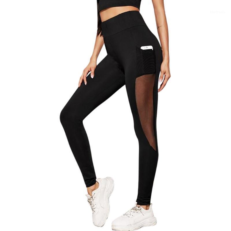 

Fashion Womens Perspective Splice Side Pocket Elastic Waist Tight Leggings Pants Women Yoga Pants Leisure Fitness Pantalones #DM1, Black