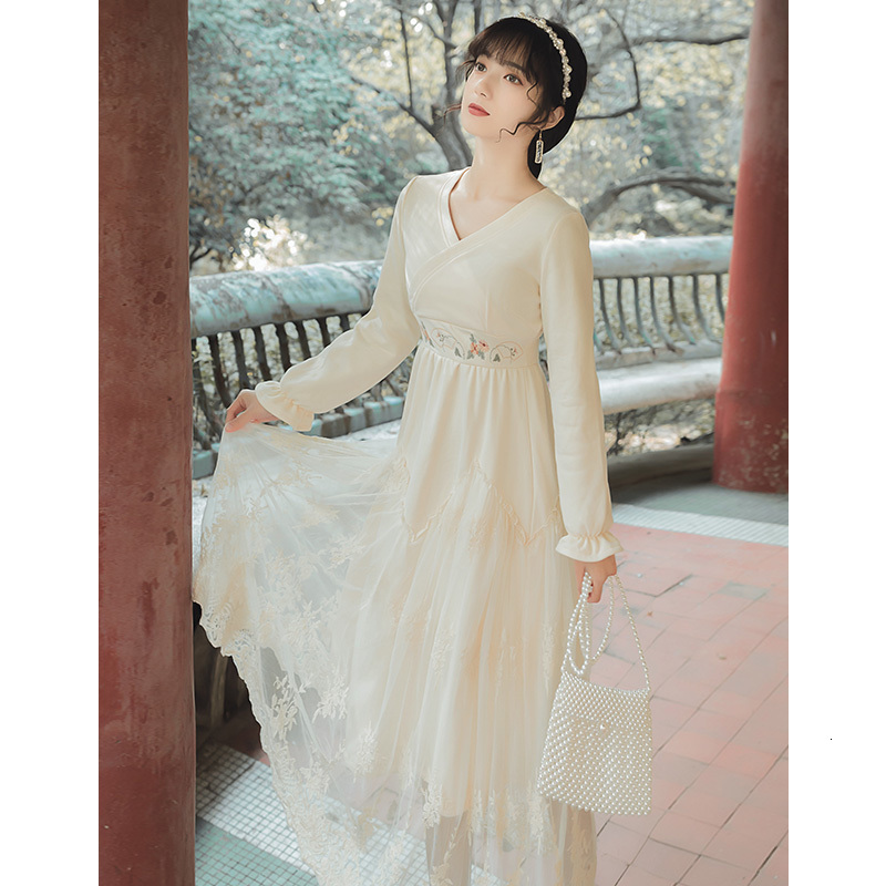 

Embroidery Elegant White Mid-calf with Cleavage in v Midi Trim and Extension Lace Long Sleeve Female Dress 2021 Spring Qq1l, Blue