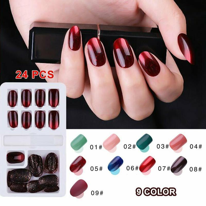 

24Pcs Fake Nails Detachable False Nails Press on Gel Glue Nail Art Glue on Removable Reusable Nail Polish, 01