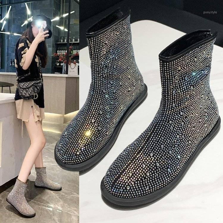 

Spring and Autumn New Women Flat Boots All-match British Style Women Boots Rhinestone Net Red Ins Female Ankle1, Khaki