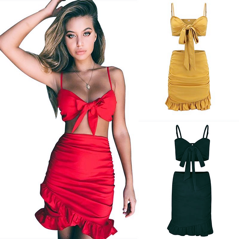 

2020 Sexy Tube top camisole high waist ruffled Wrap arm skirt casual holiday skirt suit women designer clothes women s clothing 2 piece set, White