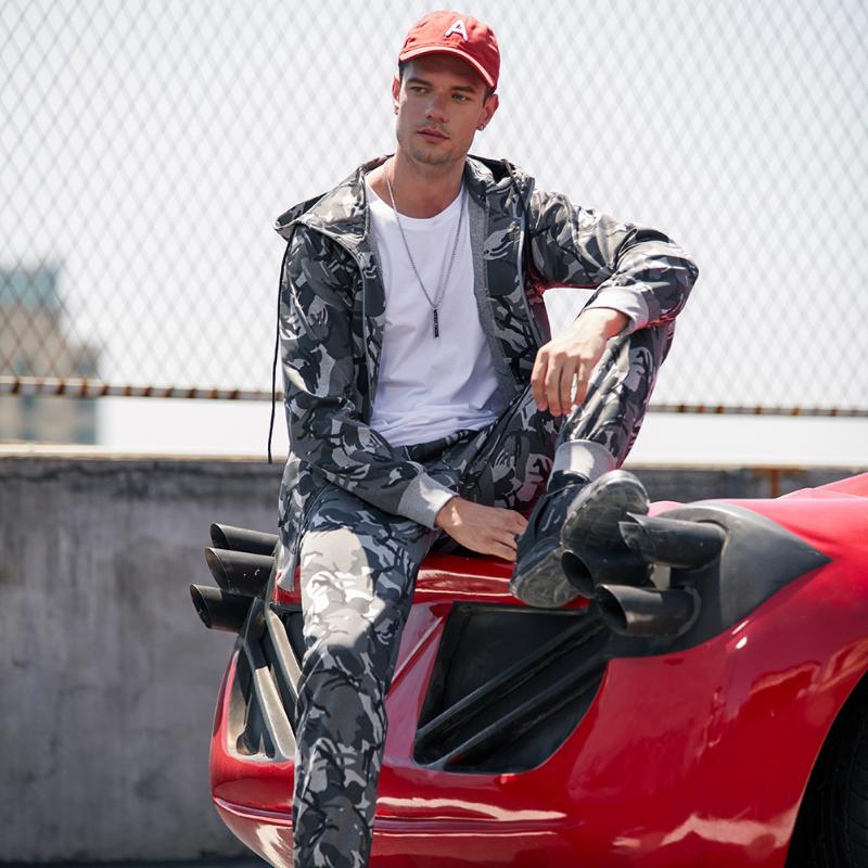 

2021 2 Piece Men Set Spirng Autumn Camouflage Hooded Coat and Sweatpants Set Casual Workout Clothing Gym Jogger Run, Grey