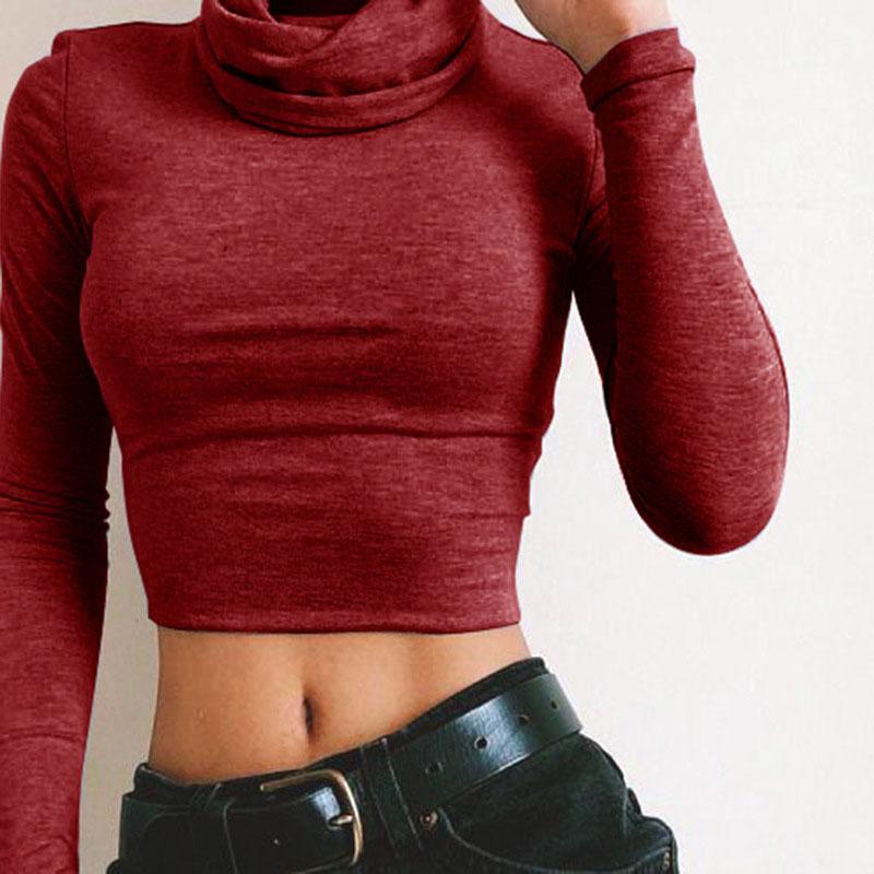 

Women Harajuku Long Sleeve T Shirt Sexy Slim Cropped Top Skinny Turtleneck Tshirts Streetwear Womens Short Tee Tops Tshirt, Burgundy