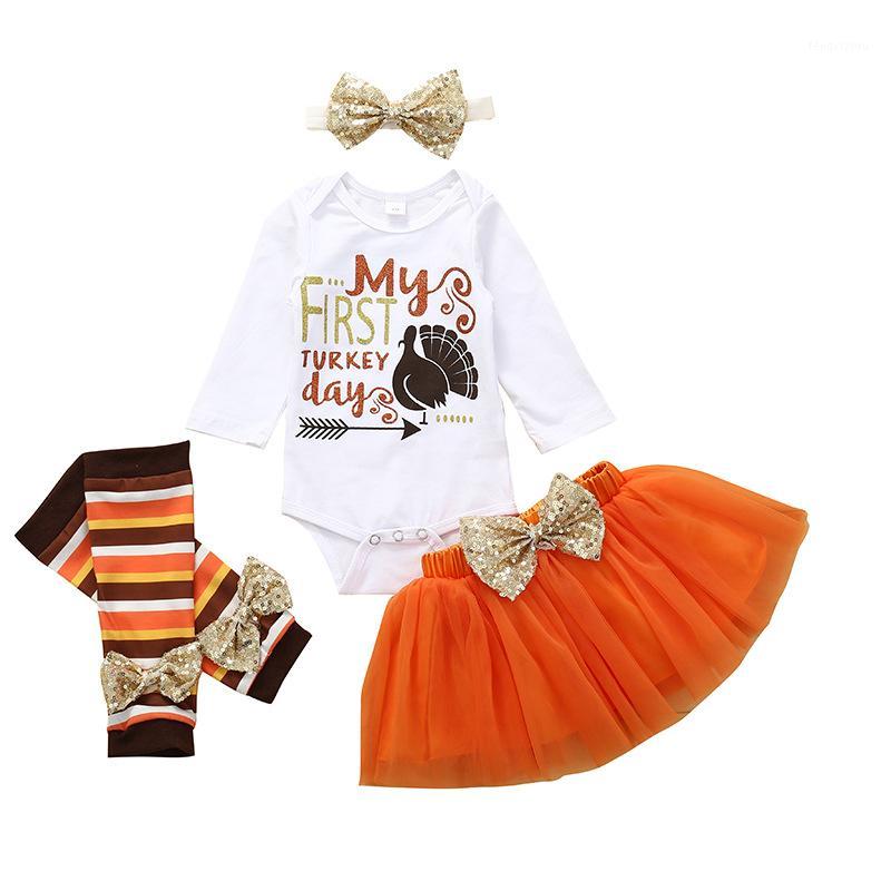 

Thanksgiving Outfit Toddler Girl Clothes Ruffle 4 Pcs Suit Autumn New Cute Baby Children Turkey Romper Print Gauze Skirt Set1, White