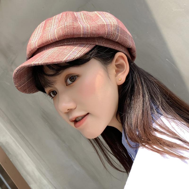 

Autumn femme korean beret Retro plaid French design art hat women British style Casual Octagonal Newsboy Painters cap peaked cap1, Khaki