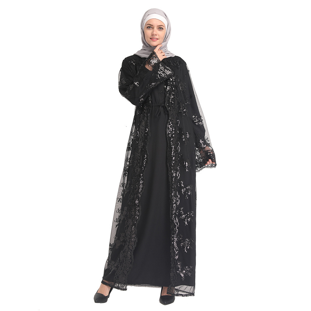 

2021 New Women Cardigan Long Maxi Open Dress Front Robe Dubai Jilbab Sequins Lace Kimono Mid-turquoise Cffx