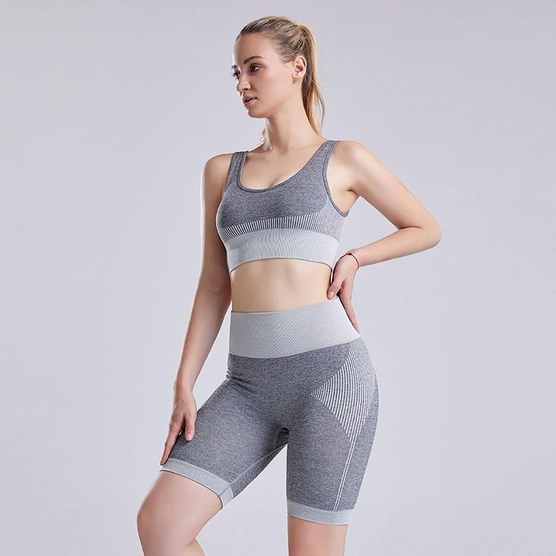 

Seamless Yoga Set Women Workout Clothes Padded Sports Bra+High Waist Gym Shorts 2 Piece Set Women Sportwear Fitness Clothing, Gray white