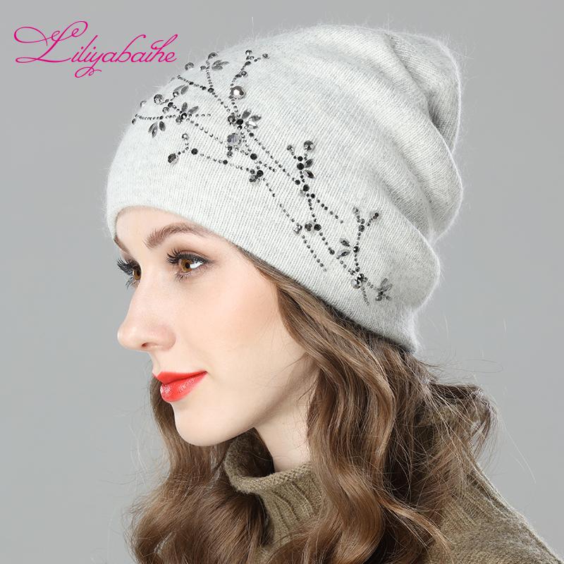 

LILIYABAIHE Women Autumn And Winter Hat angora Knitted Skullies Beanies Cap diamante blossom decoration hats for Girls, C19