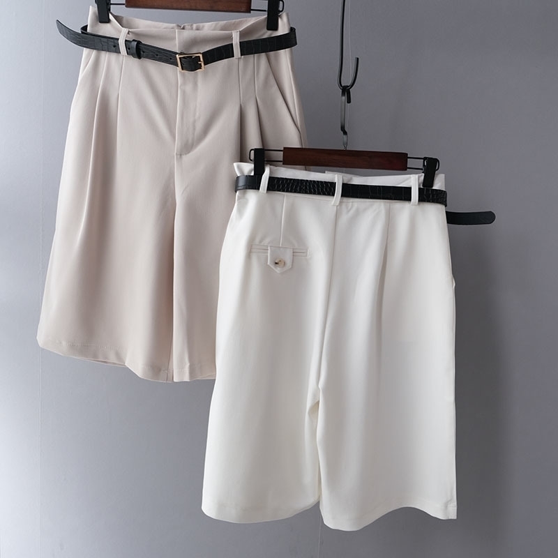 

Lizkova Summer High Waist Wide Leg Short Pants Women White Knee Length Pants With Belt Korean Casual Holiday Trousers 201119, Red