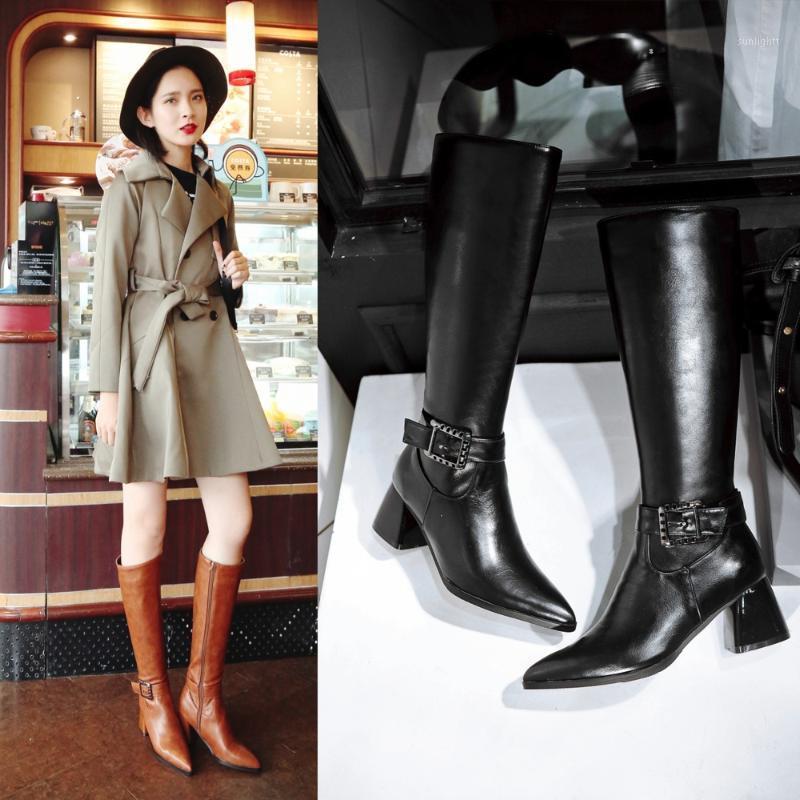 

ZawsThia PU zip brown women boots with buckle woman shoes winter riding equestrian knee high knight boots large size 41 42 431, Black