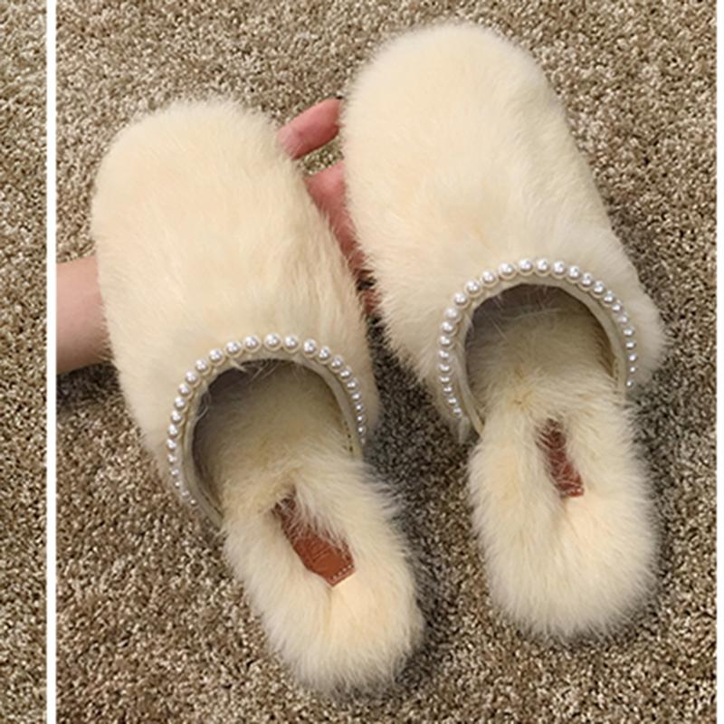 

Winter Fairy beads fur mules femme furry slides 2020 cozy warm plush shoes for women sandals pearl cover toe fur slippers women, Beige