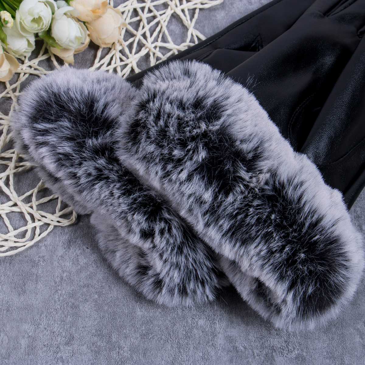 

Winter Women Touch Screen Elegant Soft Black Leather Gloves Warm Fur Mittens