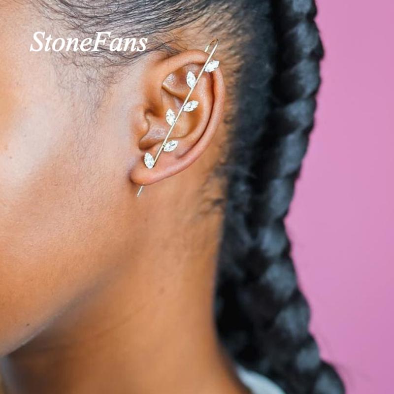 

Stud Stonefans INS Fashion Zircon Ear Cuff Earrings Branch Jewelry For Women Leaf Leaves Pierced Pin Wedding Accessories