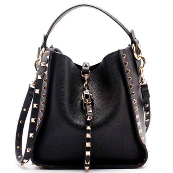 

Camelia Studded Genuine Cowhide Leather Bucket Bag Fashion Rivet Top Handle Handbag C0121, Burgundy